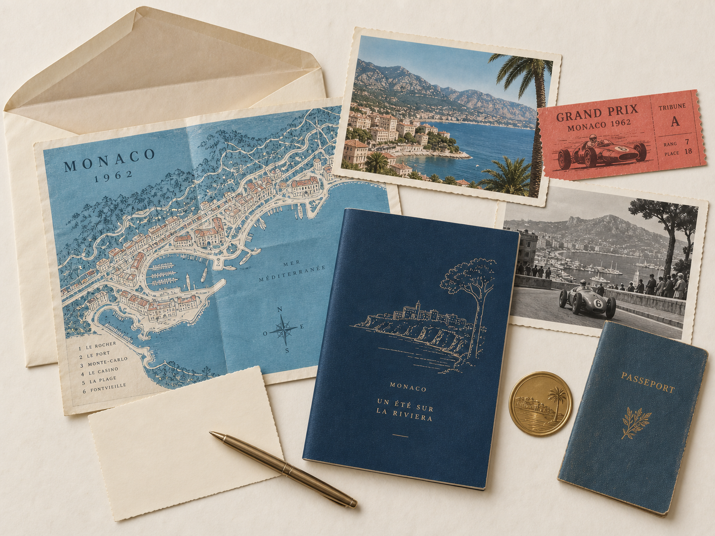 Flat paper envelope, map, postcard, photographs, ticket, story booklet and passport from a Monaco edition