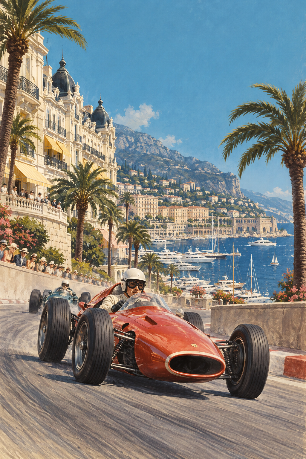 Illustration of a 1960s Grand Prix car racing above Monaco harbour