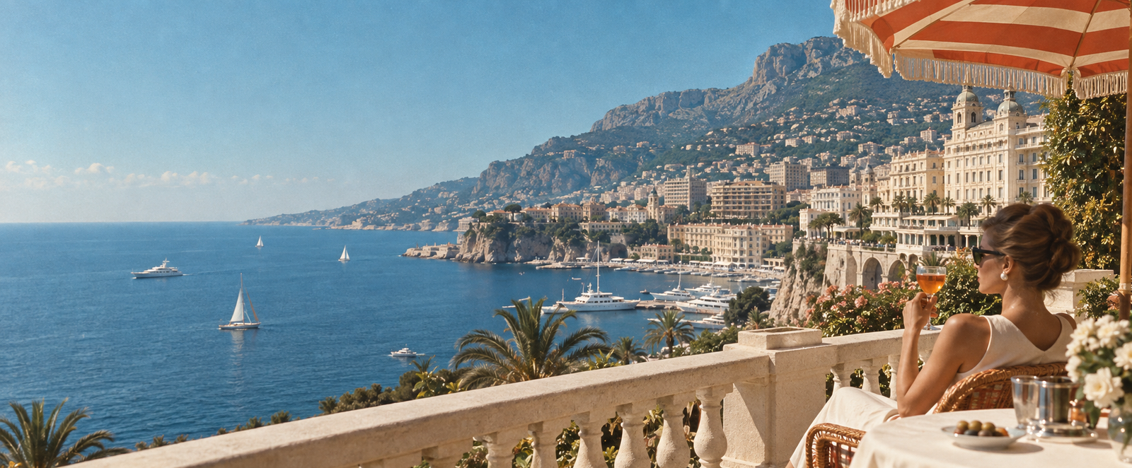 Sunlit Monaco harbour seen from a Riviera terrace